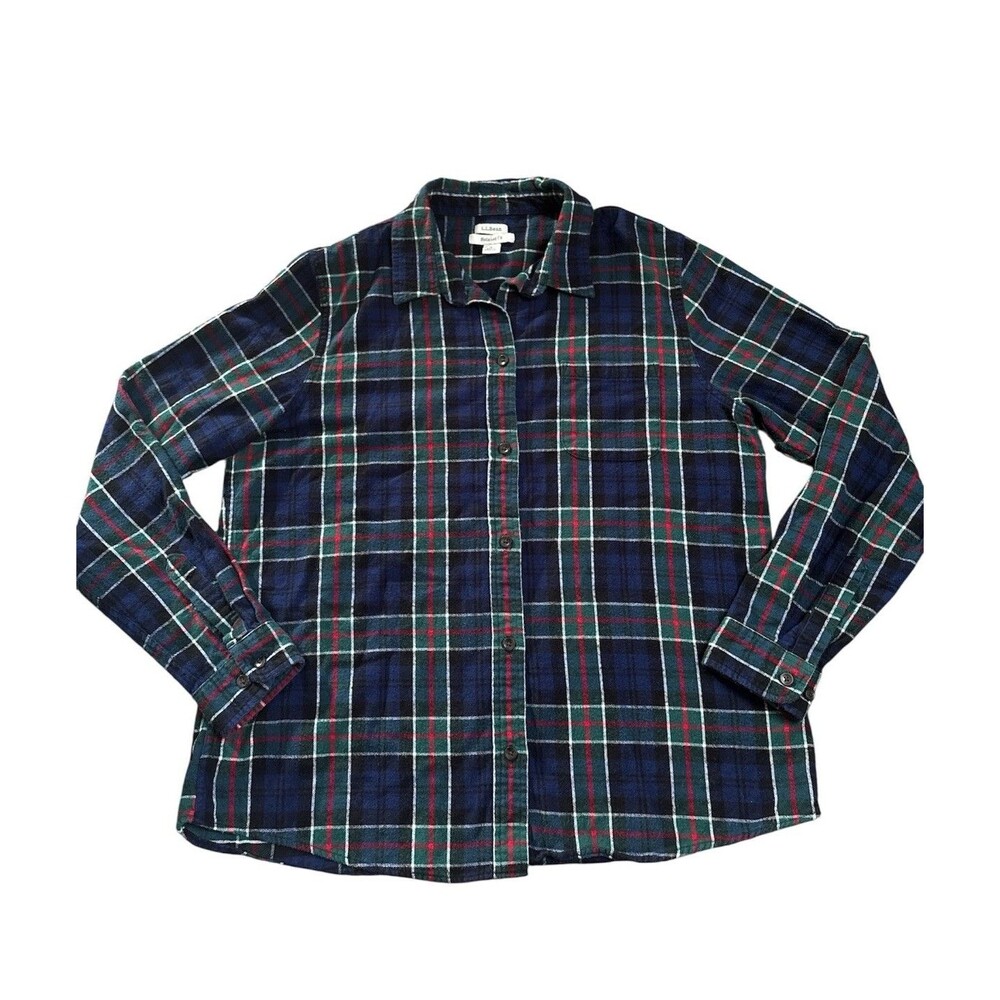 LL Bean Women’s Relaxed Fit Blue Green Red Casual Flannel Button Down Sz. Large